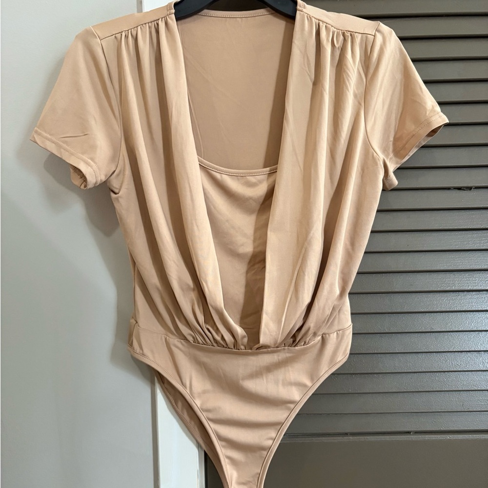 Beige Plunge Neck Bodysuit